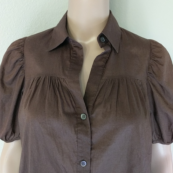 [Theory] Brown Puffed Sleeve Button Up Blouse S - Picture 2 of 6